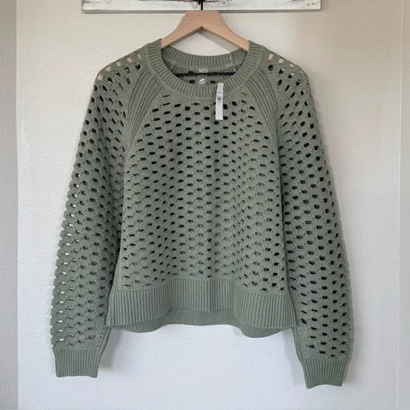 LOU & GREY NWT L Mesh Sweater • Open Knit Casual Crew Neck Pullover in Green - Picture 3 of 11